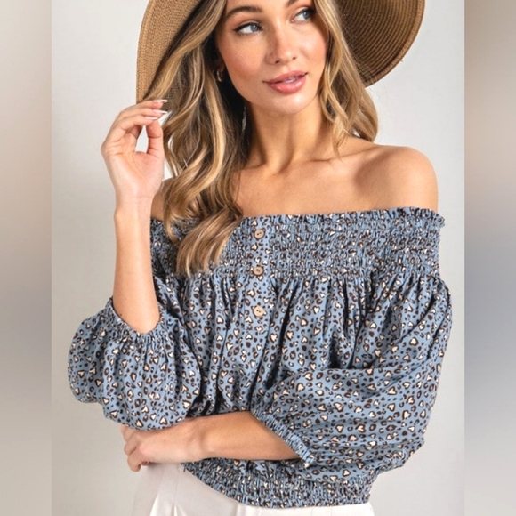 eesome Tops - EE:SOME Smocked Leopard Heart Off Shoulder Puff Sleeve Top NWT